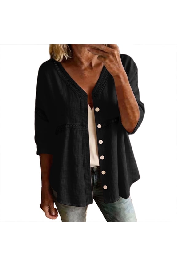 Cardigan for Women Casual Cotton Linen Button Up Shirt Jacket Plus Size 3/4 Length Sleeve Womens Tops Black L