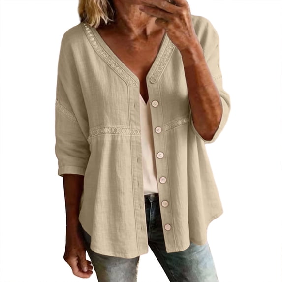 Stamzod Cardigan for Women Casual Cotton Linen Button Up Shirt Jacket Plus Size 3/4 Length Sleeve Womens Tops Khaki M