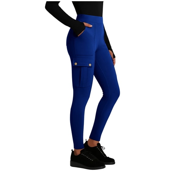 Stamzod Cargo Leggings for Women Solid Color High Waisted Tummy Control Workout Leggings Casual Yoga Pants with Pockets for Women Blue L