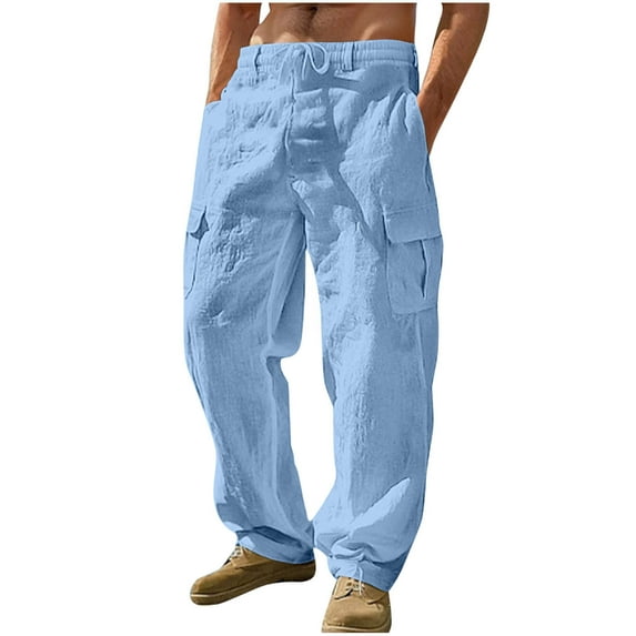 Stamzod Cargo Pants for Men Fashion Solid Color Summer Elastic Waist Trousers with Pocket Workwear Casual Plus Size Straight Cotton and Linen Sweatpants for Men Sky Blue C XL
