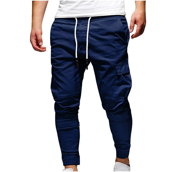 Stamzod Cargo Pants for Men with Pocket Fashion Solid Color Elastic Waist Drawstring Sweatpants Casual Loose Plus Size Workout Running Training Joggers for Men Blue C XXL