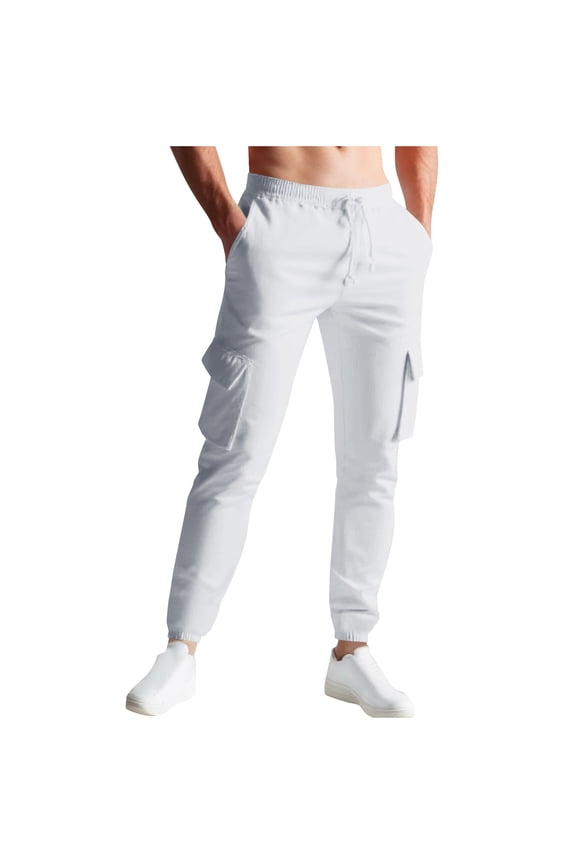 Cargo Pants for Men Spring Solid Color Loose Fit Stretch Work Pants Daily Casual Joggers for Men with Multi Pocket White XXL