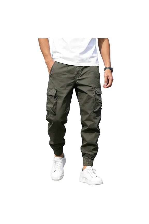 Cargo Work Pants for Men Casual Elastic Waist Joggers with Pockets Lightweight Hiking Workout Sweatpants Army Green-2 M