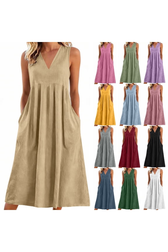Casual Dresses for Women Summer V-Neck Sleeveless Flowy Dress Beach Vacation Sundresses with Pockets Light Blue S