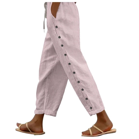 Stamzod Casual Elastic Waist Bandage Women New Fashion Print Button Pocket Pants Full Length Pants Pink S