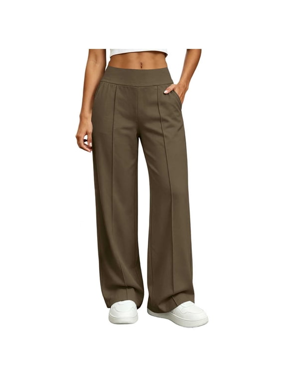 Casual Pants for Women Elastic Waist Athletic Baggy Sweatpants Dressy Work Wide Leg Trousers with Pockets Brown B M