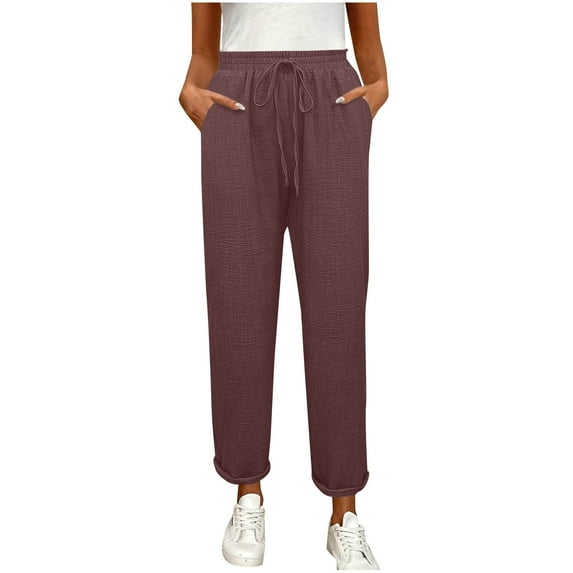 Stamzod Casual Pants for Women Fashion Solid Color Stretch Waist Full Length Pants Daily Straight Loose Pants for Women with Pocket Brown M