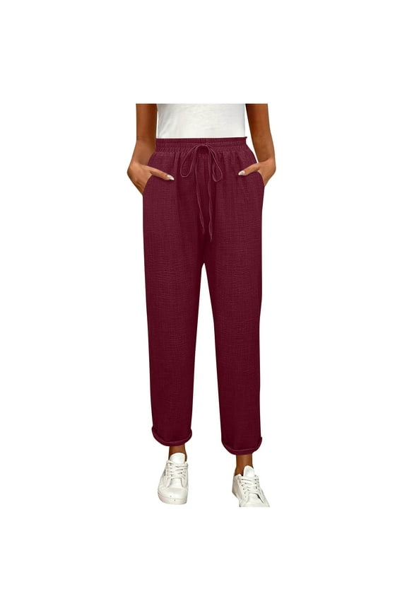Casual Pants for Women Fashion Solid Color Stretch Waist Full Length Pants Daily Straight Loose Pants for Women with Pocket Wine XL