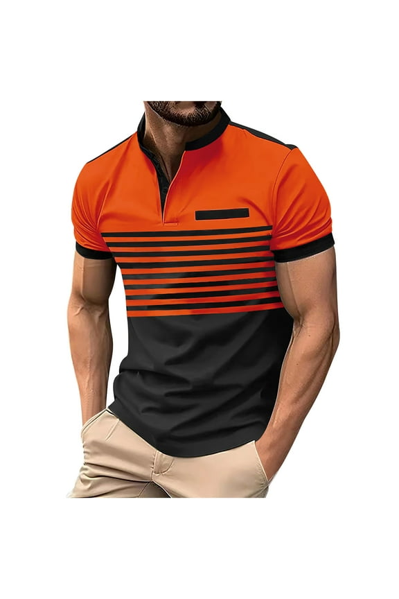 Casual Shirts for Men Fashion Patchwork Printed Quarter Zip Pullover Men Tops Plus Size Short Sleeve Shirt for Men Orange D L