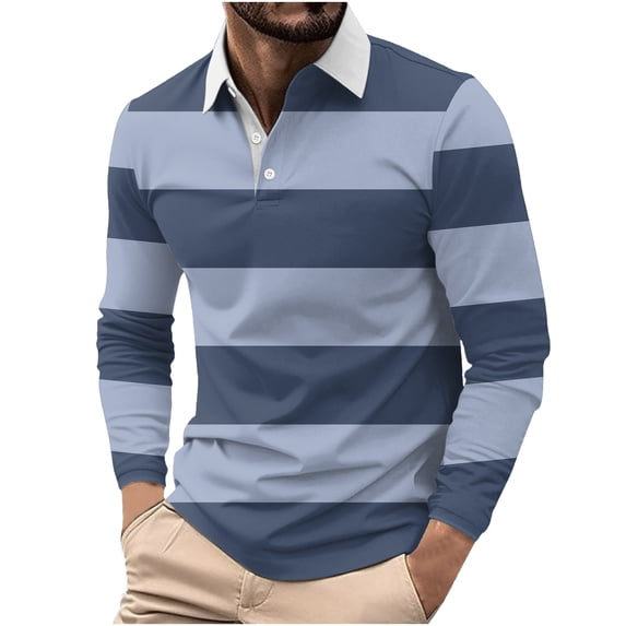 Stamzod Casual Shirts for Men Fshion Strip Printing Turndown Long Sleeve Shirt Men Clothing Navy M