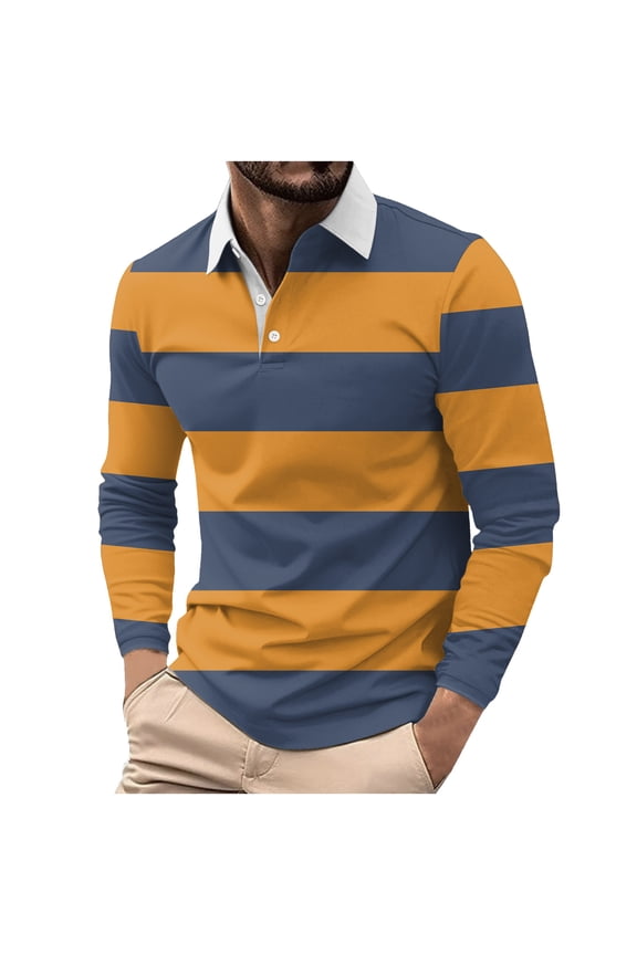 Casual Shirts for Men Fshion Strip Printing Turndown Long Sleeve Shirt Men Clothing Orange L