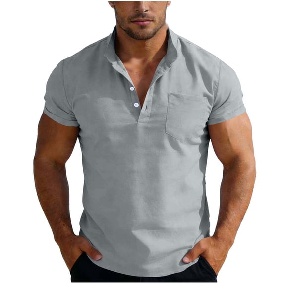 Stamzod Casual Shirts for Men Solid-Color Stand Collar Button Pullover Tops Short Sleeve Summer Vcation Beach Shirt for Men Gray S
