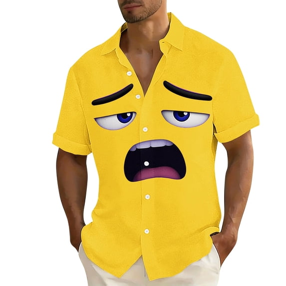 Stamzod Casual Short Sleeve Button Down Men Shirt Summer Beach Vacation Shirts Big & Tall Funny Tops Yellow F L