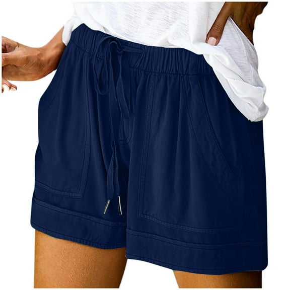 Stamzod Casual Shorts for Women Fashion Solid Color Elastic Waist Shorts with Pocket Plus Size Comfy Shorts for Women on Clearance Blue A XXL