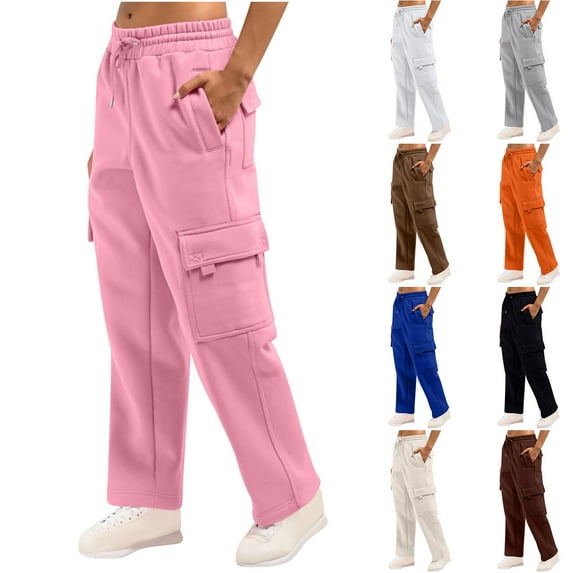 Stamzod Women's Sweatpants Solid Color Elastic Waist Straight Cargo Pants Women Casual Hiking Pants with Multi-Pocket Pink L
