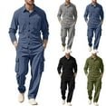 thumbnail image 1 of Stamzod Casual Sweatsuits for Men Solid Color Long Sleeve Turndown Button Down Shirts and Cargo Pants with Pocket Mens Outfits 2 Piece Track Suit Black L, 1 of 4