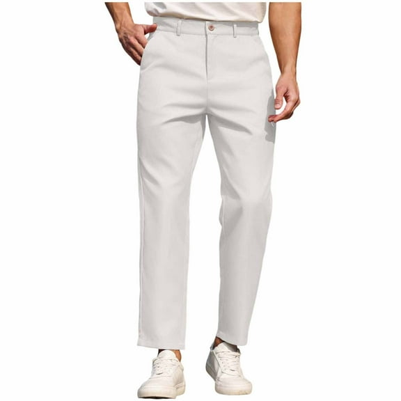 Stamzod Casual Work Pants for Men Solid Color Flat Front Straight Trousers Pants with Pockets Officewear White-3 XL