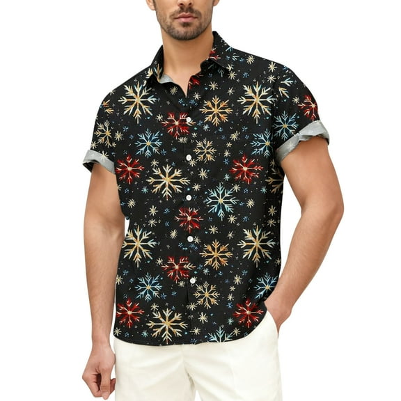 Stamzod Christmas Button Down Shirt Men Trendy Fashion Snowflake Short Sleeve Shirts 2025 Xmas Holiday Hawaiian Beach Shirts for Men Black Q XXXL