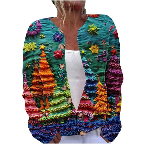 Stamzod Christmas Button Up Sweaters for Women Holiday Party Long Sleeve Cardigan Sweater Womens Fall Fashion 2025 Christmas Tree Cardigans Blue R L