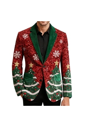 Christmas Corduroy Jacket Men Long Sleeve Printed One Button Sport Coat Trendy Fashion Casual Blazer for Men Wedding Red B M