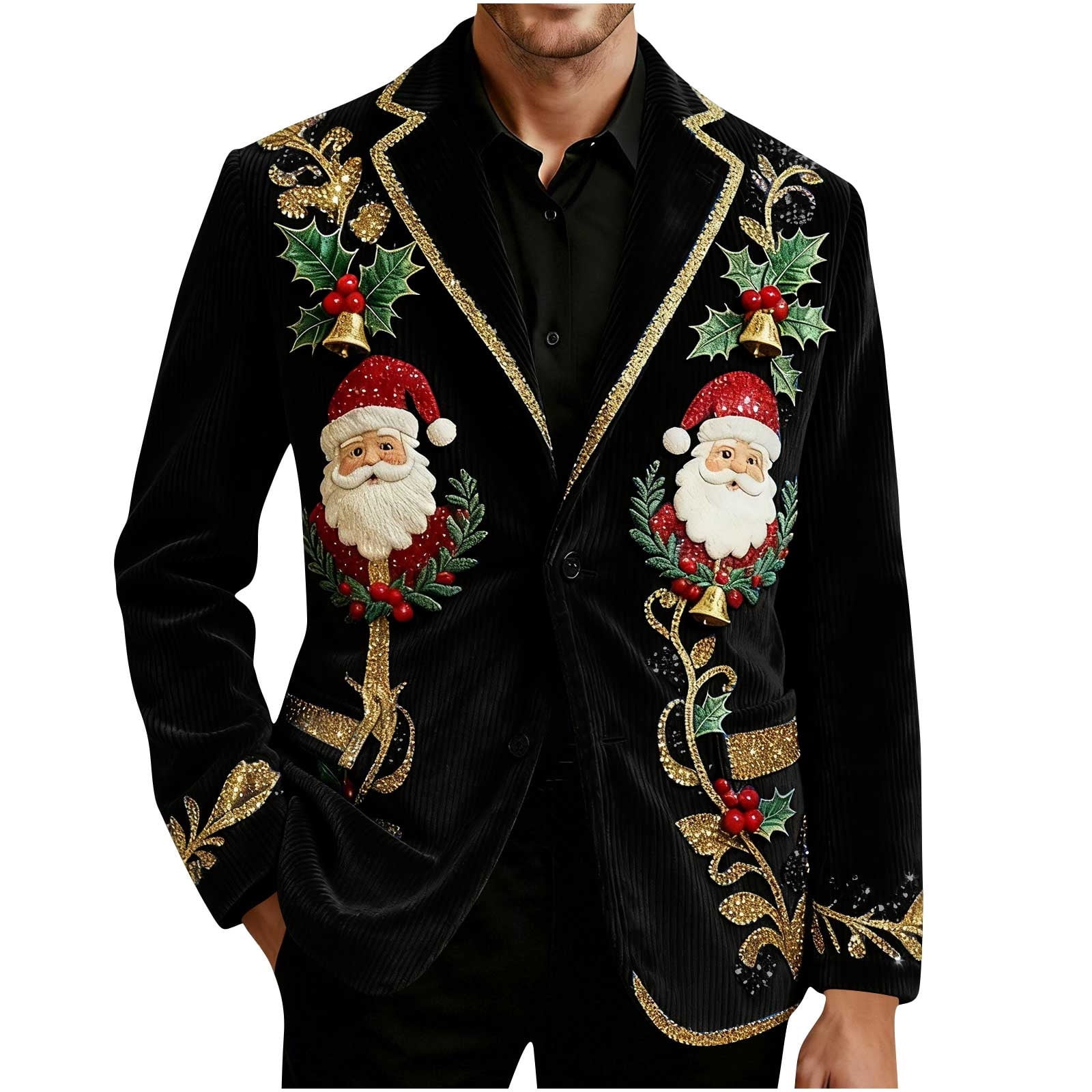 Stamzod Christmas Corduroy Jacket Men Santa Print Dress Jackets with Pocket Xmas Party Black Blazer Men Holiday Sport Coat Green-1 M, Men's, Size: