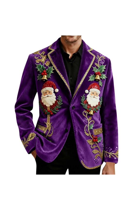 Christmas Corduroy Jacket Men Santa Print Dress Jackets with Pocket Xmas Party Black Blazer Men Holiday Sport Coat Purple-1 L