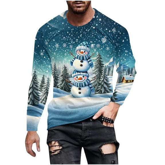 Stamzod Christmas Gifts Mens Oversized T Shirt Casual Crewneck Long Sleeve Graphic Tees Men Fashion Clothing Blue B XL