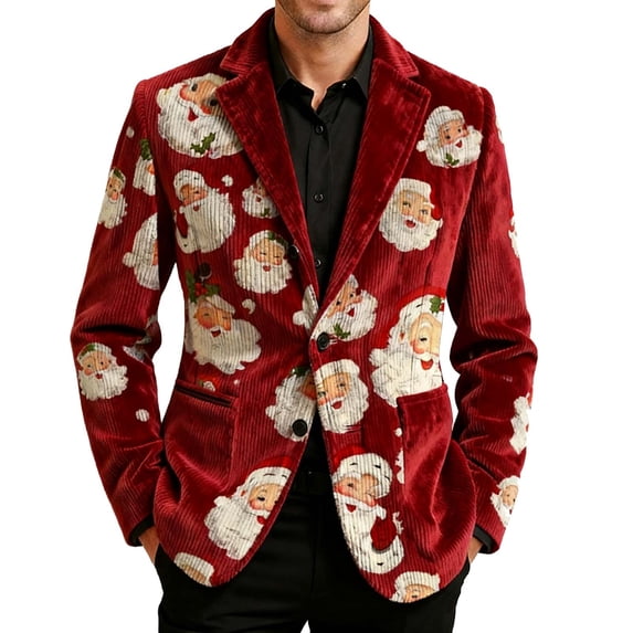 Stamzod Christmas Jackets for Men Cute Printed Long Sleeve Casual Blazer with Pocket Plus Size One Button Corduroy Coat Men's Sport Coats & Blazers Red D L