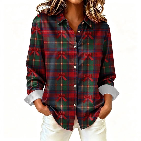 Stamzod Christmas Long Sleeve Shirts for Women Collared Loose Fit Work Blouse Plus Size Satin Button Down Shirt