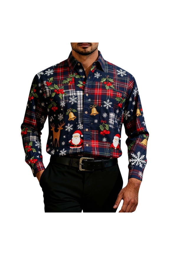 Christmas Men's Dress Shirts 2025 Trendy Fashion Festival Xmas Button Up Shirt Men Holiday Santa Long Sleeve Plaid Shirt Multicolor G XXL
