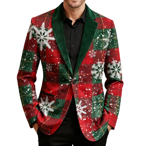 Stamzod Christmas Men's Sport Coats & Blazers Trendy Fashion Vintage Plaid One Button Corduroy Coat Holiday Party Casual Jackets for Men Red I XXXL