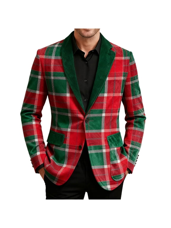 Christmas Mens Corduroy Jacket Long Sleeve One Button Plaid Blazers with Pocket Holiday Party Xmas Sport Coats for Men Red P XL
