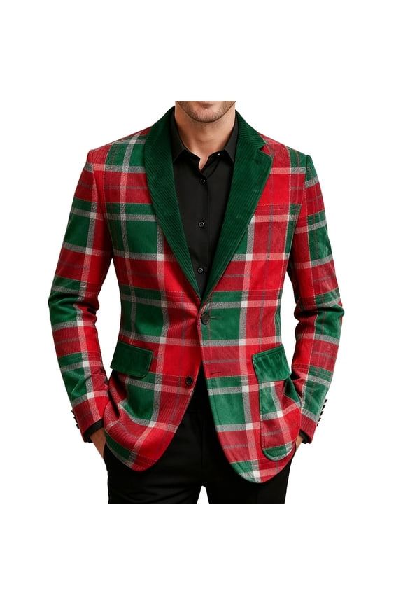 Christmas Mens Corduroy Jacket Long Sleeve One Button Plaid Blazers with Pocket Holiday Party Xmas Sport Coats for Men Red P XL