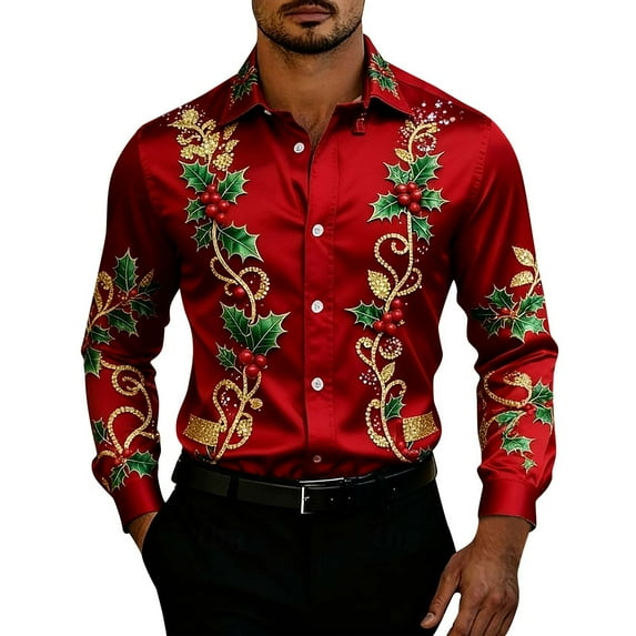 Stamzod Christmas Mens Dress Shirts Long Sleeve Button Up Shirt Men 2025 Trendy Fashion Xmas Print Casual Shirts for Holiday Party Multicolor Q S