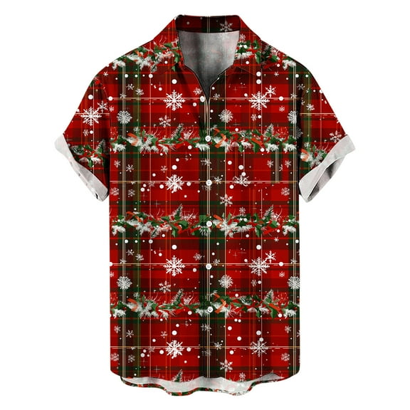 Stamzod Christmas Mens Plaid Button Down Shirt Xmas Snowflake Short Sleeve Oversized Shirts Hawaiian Beach Shirts for Men Red E XXL