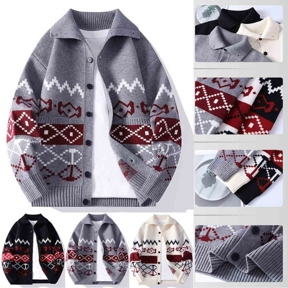 Stamzod Christmas Mens Sweater Fashion Christmas Printing Turndown Long Sleeve Knitted Sweater Cardigan Casual Button Up Sweater for Men Black G M