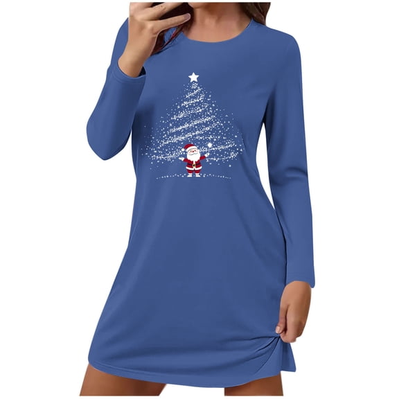 Stamzod Christmas Night Gowns for Adult Women Fall Winter Long Sleeve Casual Sleep Dress Xmas Holiday Women's Sleepwear Blue S