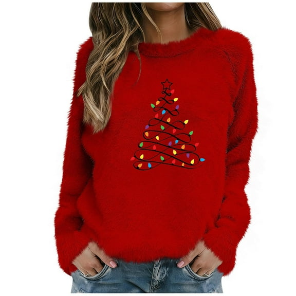 Stamzod Christmas Oversized Crewneck Sweatshirt Women Thicked Warm Fleece Pullover Sweatshirts Xmas Holiday Long Sleeve Womens Winter Tops Red K M