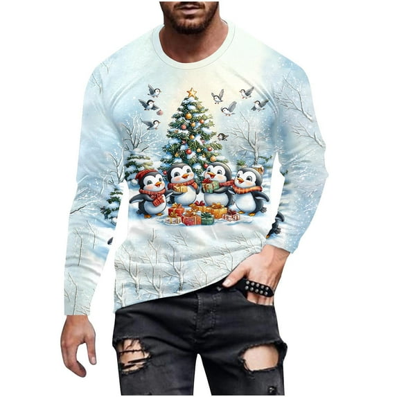 Stamzod Christmas Oversized Gym Shirts for Men Casual Crewneck Long Sleeve T Shirt Men Workout Graphic Tees Light Blue M