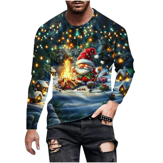 Stamzod Christmas Oversized Gym Shirts for Men Casual Crewneck Long Sleeve T-Shirts Workout Tshirts Shirts for Men Dark Blue XXL