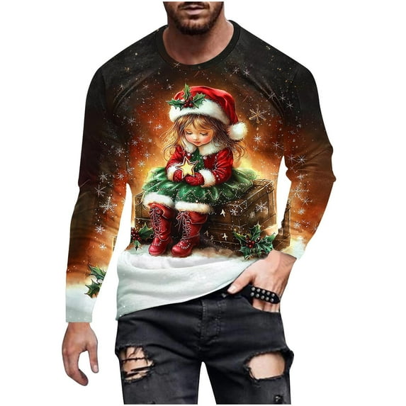 Stamzod Christmas Oversized Tshirts for Men Casual Round Neck Long Sleeve Shirt Christmas Gifts Men Shirts Gold XL