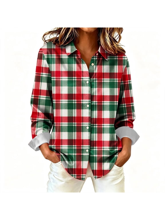 Christmas Plaid Shirts for Women Long Sleeve Button Up Shirt Women Fall Fashion Flannel Shirt