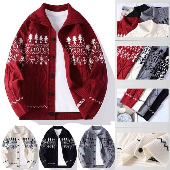 Stamzod Christmas Sweaters for Men Fashion Christmas Printing Turndown Button Down Knitted Cardigan Casual Sweater Jackets for Men Red H M