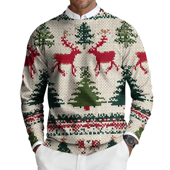 Stamzod Christmas Sweaters for Men Reindeer Printed Crewneck Oversized Sweater Holiday Party Casual Long Sleeve Pullover Tops Khaki Q XXL