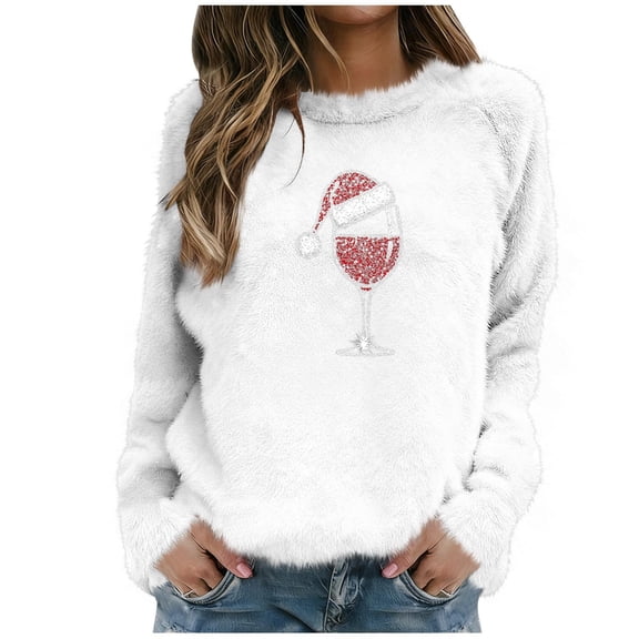 Stamzod Christmas Sweatshirts for Women Trendy 2025 Xmas Print Thick Warm Fleece Winter Shirts Long Sleeve Holiday Sweatshirt for Women White R S