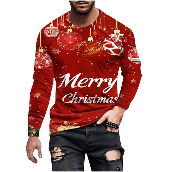 Stamzod Christmas T-Shirts for Man Casual Crewneck Long Sleeve Graphic Tees Men 2025 Christmas Gifts Red-3 XXL