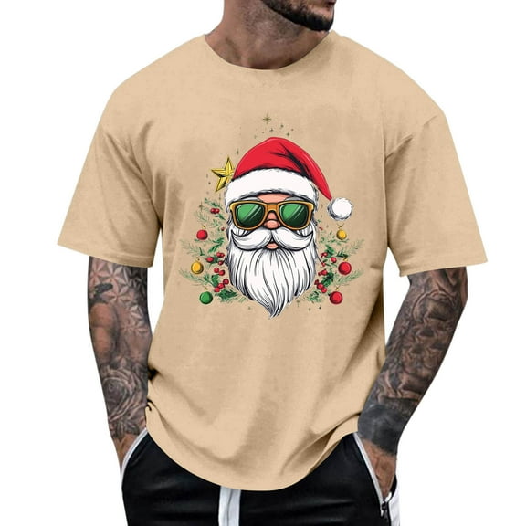 Stamzod Christmas T Shirts for Man Short Sleeve Santa Graphic Tees Xmas Holiday Shirts for Men Crewneck Pullover Casual Tops Khaki B S