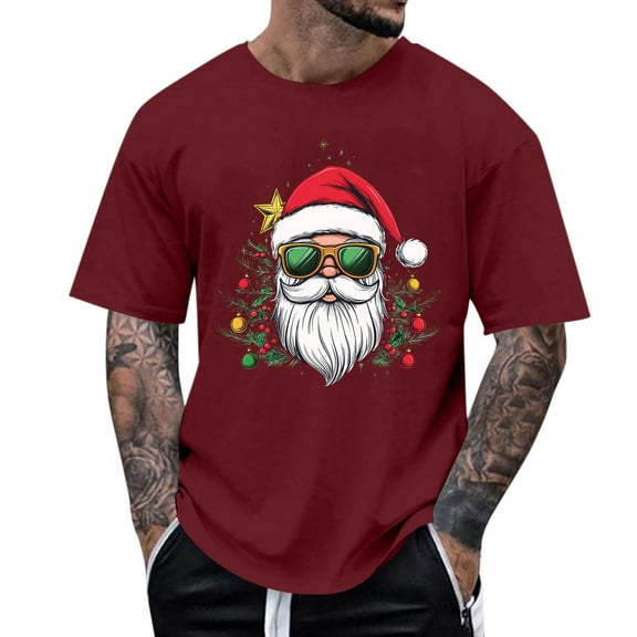 Stamzod Christmas T Shirts for Man Short Sleeve Santa Graphic Tees Xmas Holiday Shirts for Men Crewneck Pullover Casual Tops Wine B L