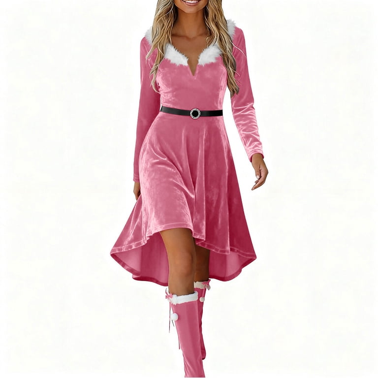 Stamzod Christmas Wedding Guest Dresses for Women V Neck Long Sleeve Holiday  Velvet Dress 2025 Xmas Party Dresses for Women Pink XXL