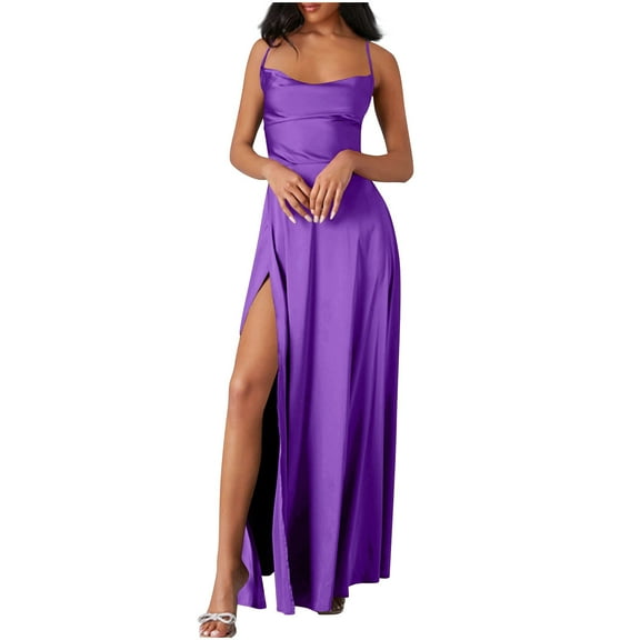 Stamzod Cocktail Dresses for Women Summer Solid Color Square Neck Sleeveless Split Spaghetti Strap Long Dress Party Maxi Dresses for Women 2025 Purple L